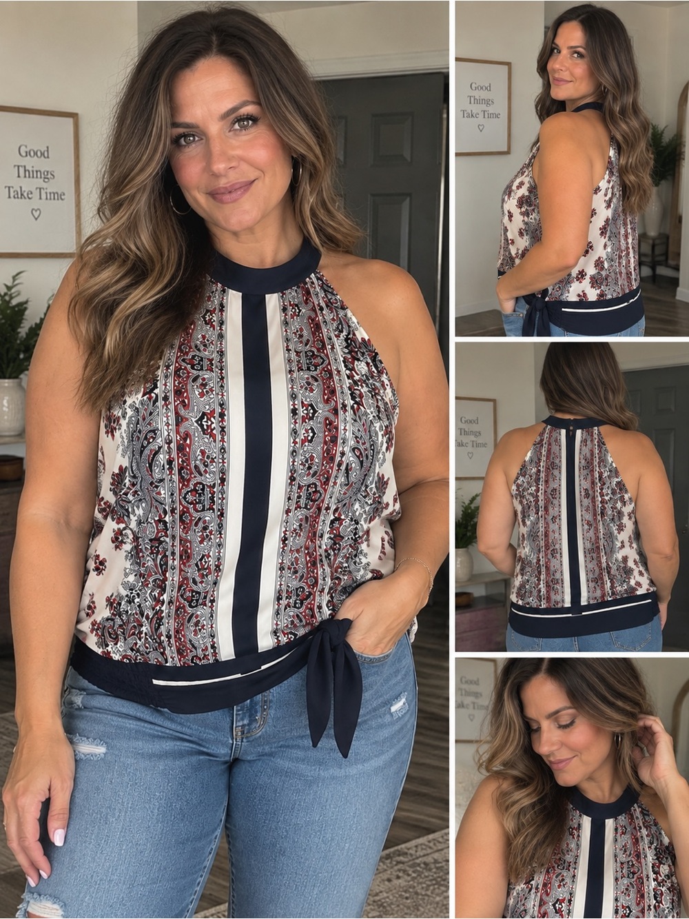 Soho Cream, Navy & Burgundy Paisley Halter Top